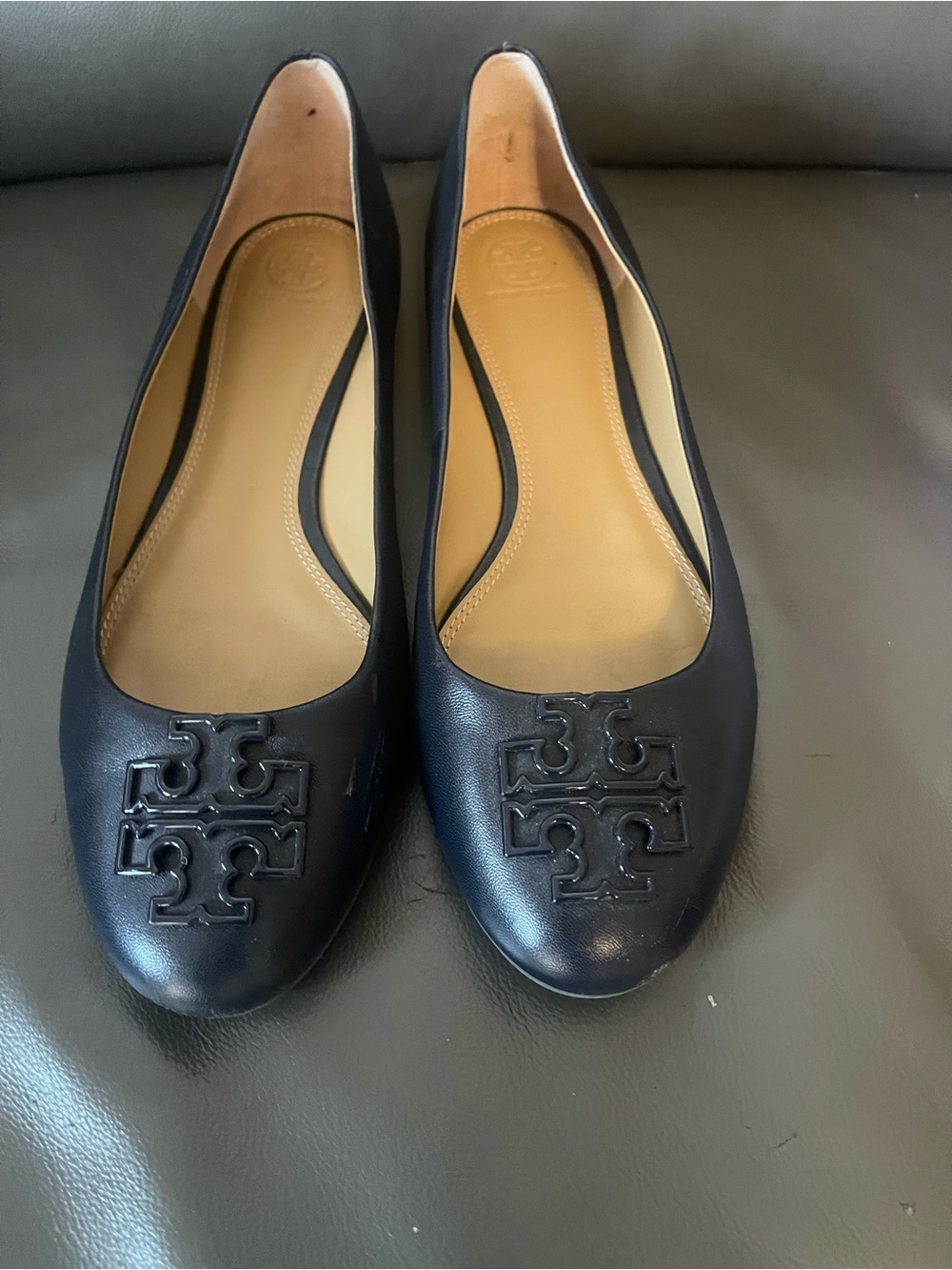 Tory Burch Navy Leather Logo Ballet Flats